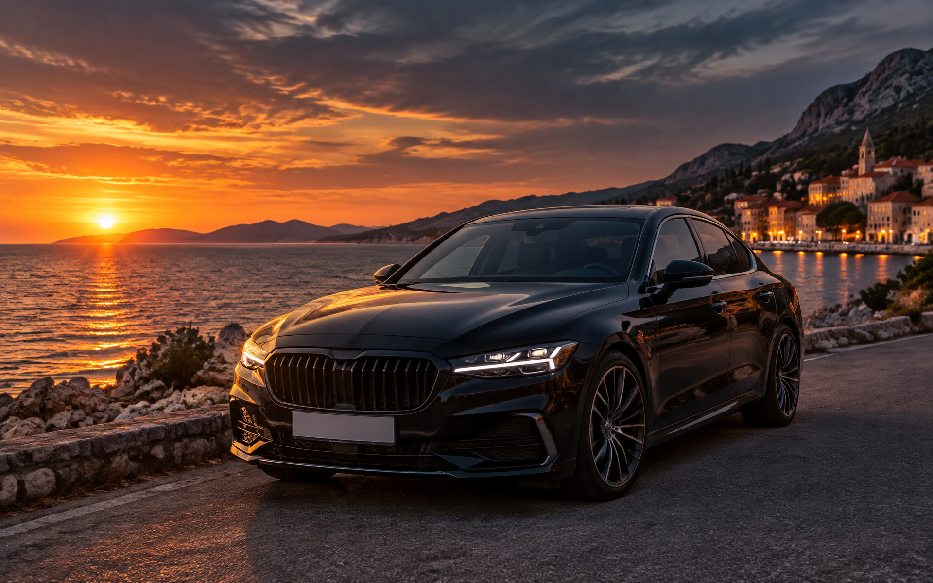 Private black sedan on the Zadar coast at dusk