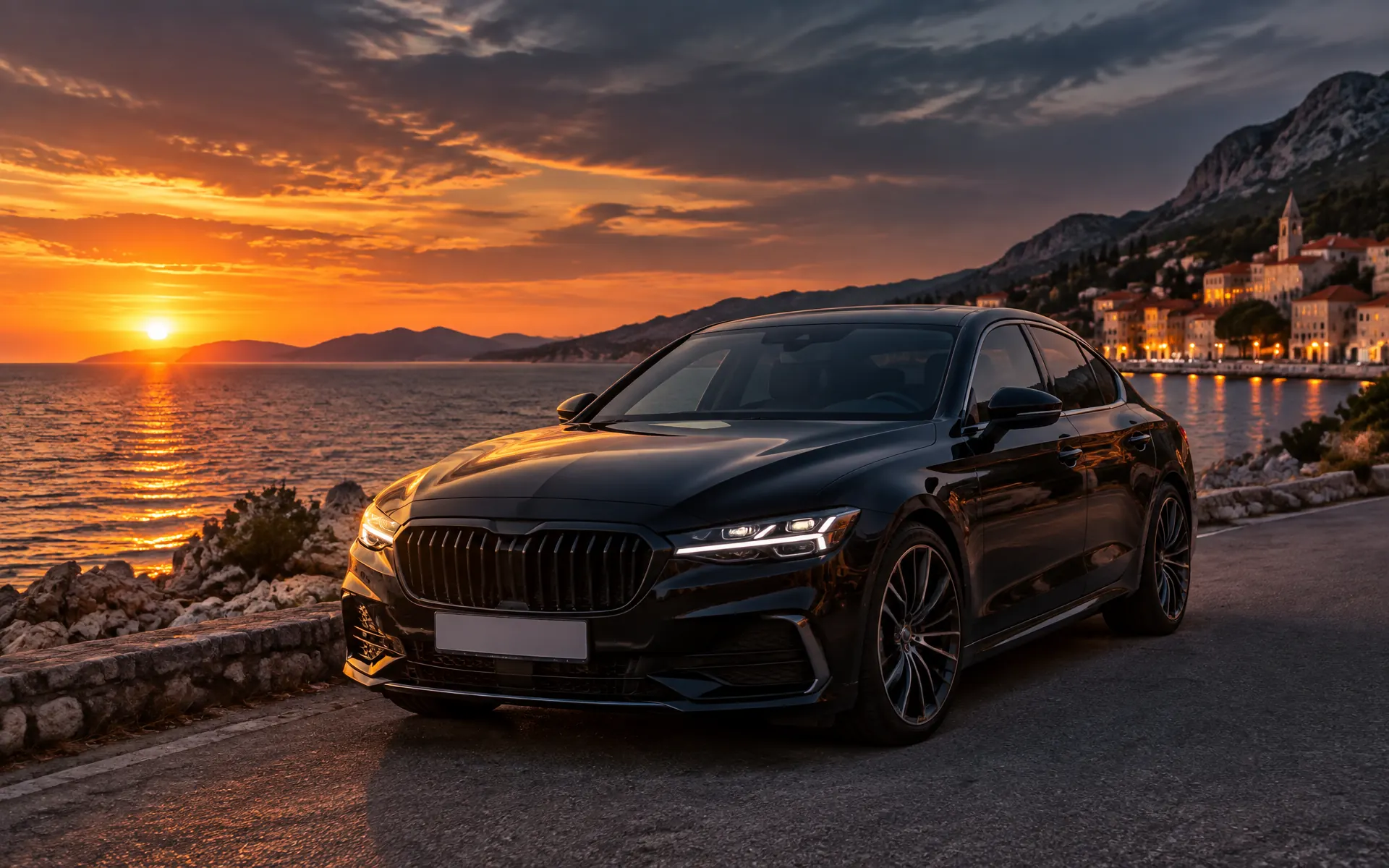 Private black sedan on the Zadar coast at dusk